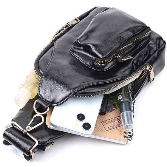 Практична жіноча сумка з екошкіри з акцентом на текстильну лямку Vintage 22776 Чорний Київ