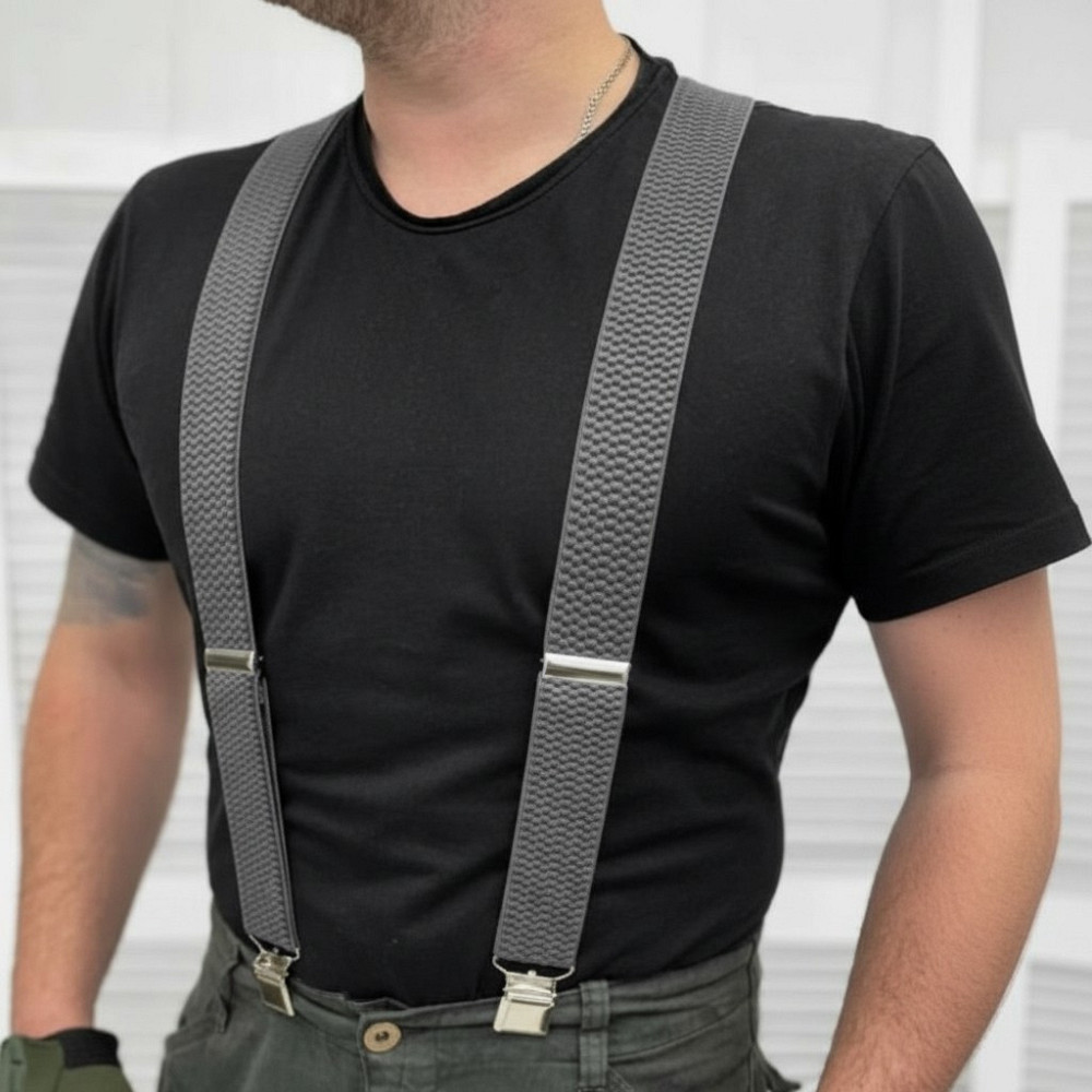 Підтяжки для штанів чоловічі сірі надійні на крест з металеві прищіпки Одеса - фото 3