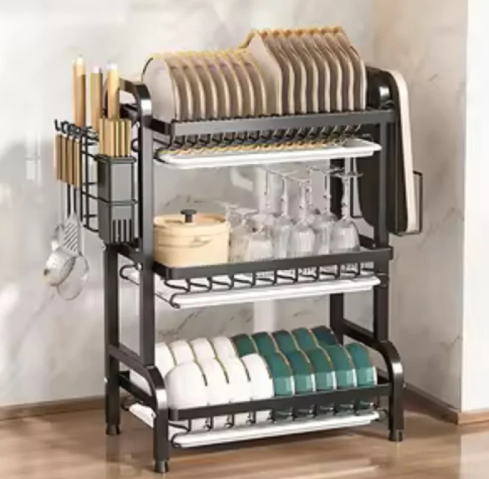 Сушилка для посуды Bowl Rack 3-уровневая 56×24×43 см, металлическая с пластиковым поддоном и держателем Одесса - изображение 3