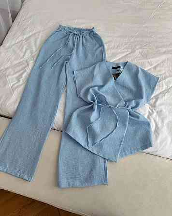 Женский летний брючный костюм двойка: рубашка-кимоно и брючины лен бохо Голубой Одесса