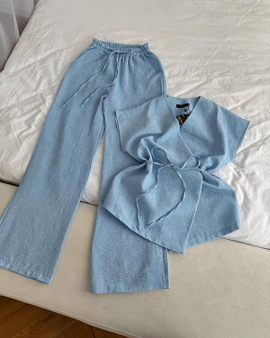 Женский летний брючный костюм двойка: рубашка-кимоно и брючины лен бохо Голубой Одесса - изображение 1