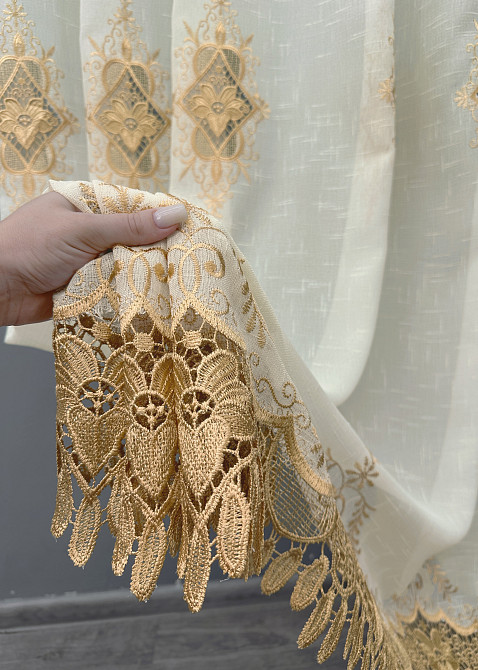 Тюль VR-Textil 1805т Льон з мереживом Молочний з золотистим 300х270 см (40-107) Київ - фото 6