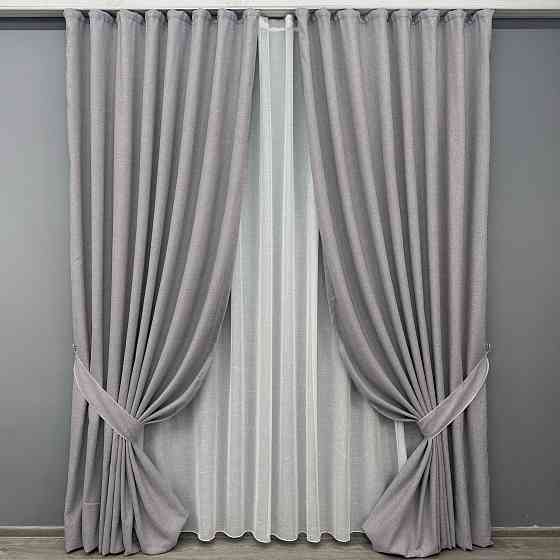 Комплект штор VR-Textil льон преміум ELEMENTA 150х270 2шт і Тюль 400х270 1866ш-115т світло-сірий з білим 71-067/3 Київ