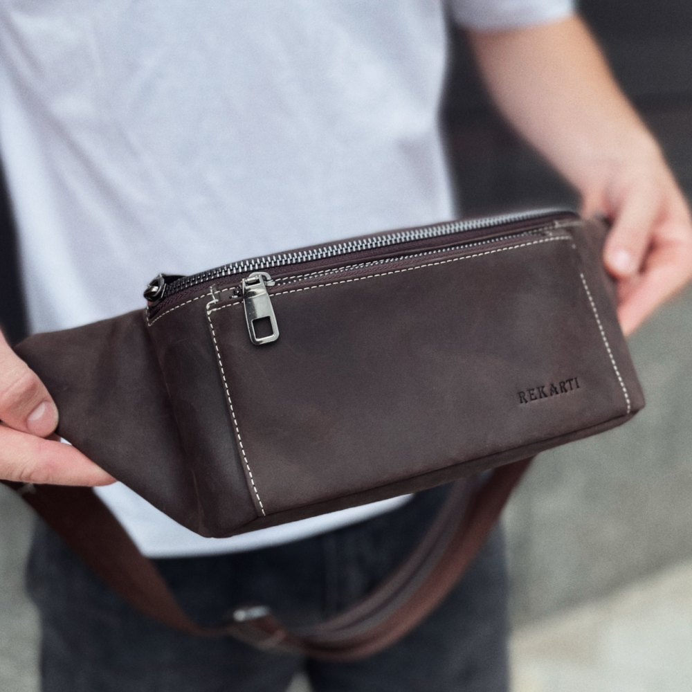 Сумка-бананка зі шкіри 24х11х8, чоловічий крейзі хорс для гаджетів на пояс CH-7371 коричнева Київ - фото 1