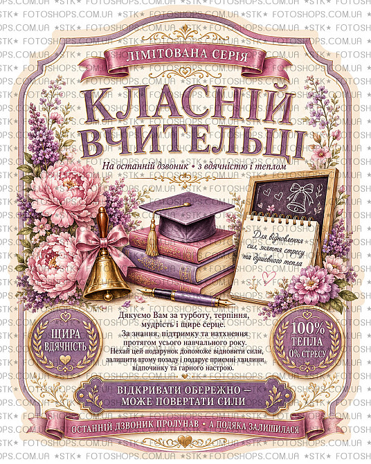 Етикетка на пляшку вина або ігристого для вчителя | Подарункова наліпка на пляшку | Етикетка та контретикетка для вчителя Одеса - фото 1