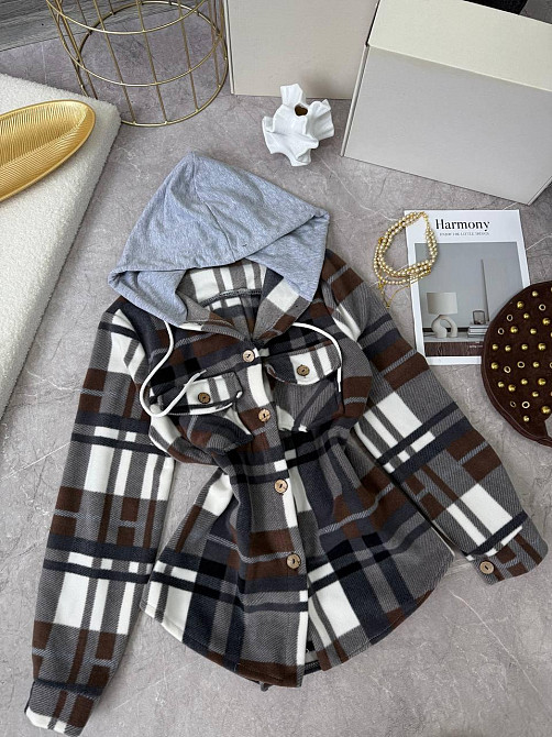 Женская теплая оверсайз рубашка с капюшоном турецкий двусторонний флис Полар Коричневый, 42/46 Одесса - изображение 3