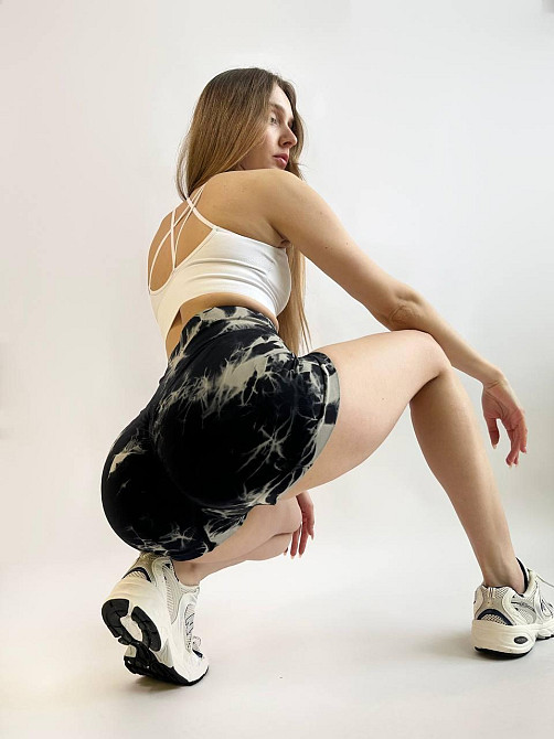 Жіночі шорти push up(пуш ап) облягаючі Marble спортивні для фітнесу з високою талією мармурові світло сірі чорні з сірим Одеса - фото 7