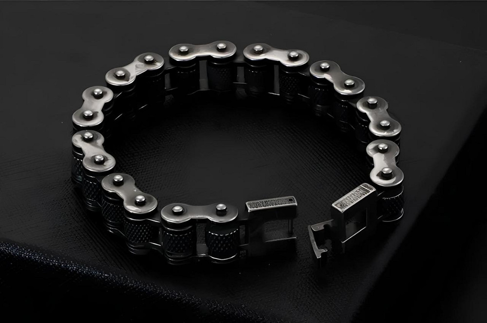 Чоловічий браслет RESTEQ з нержавіючої сталі у вигляді мотоциклетного ланцюга 23 см — чорний браслет зі сталі 316L Київ - фото 6