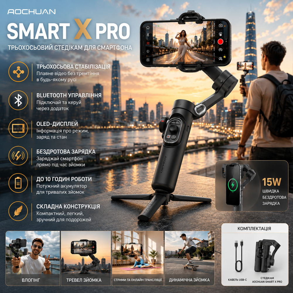 Стедикам AOCHUAN Smart X Pro: Трехосевой Bluetooth стабилизатор для смартфона, OLED-дисплей, беспроводная зарядка, Grey Киев - изображение 9