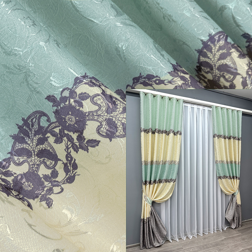 Шторна тканина льон висота 29м колір бежевий з бірюзовим 1022ш Київ - фото 7