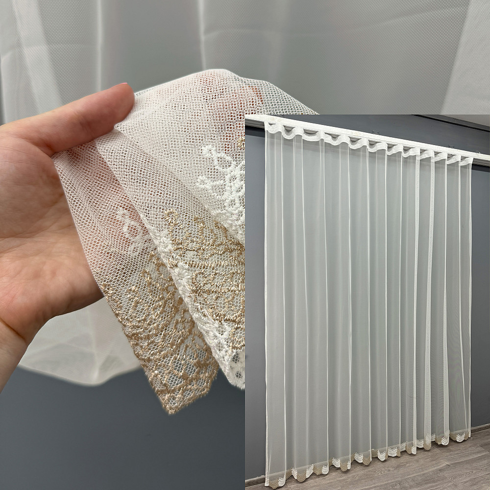 Тюль "Грек-сітка" з вишивкою колір молочний з золотистим 1462т Київ - фото 1