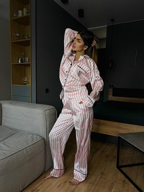 Женская шелковая пижама двойка в полоску Пудровый, 44/46 Одесса - изображение 4