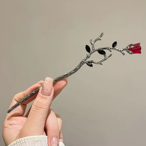 Шпилька для волос «Веточка розы», набор 2 шт — серебристые, 18 см (цинковый сплав) Киев