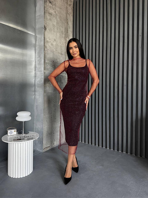 Женская элегантная вечерняя миди-платье вискоза и сетка молния Бордовый, 46/48 Одесса - изображение 4