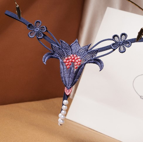 Эротические трусы с жемчугом темно-синие 