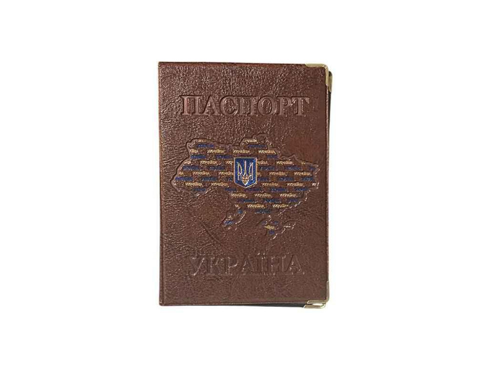 Обложка для паспорта 131-Ра Украина коричневый КАРТА герб, кожзам ТМ ЛЮКС КОЛОР Киев - изображение 1
