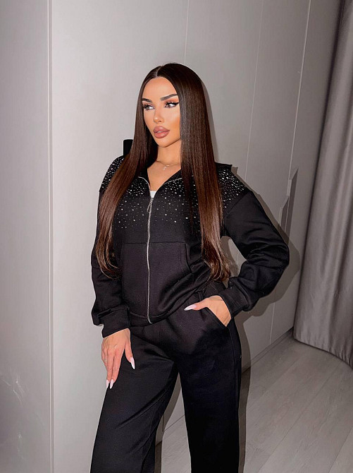 Жіночий стильний повсякденний костюм зі стразами вільного крою тринитка Чорний, 44/46 Одеса - фото 1