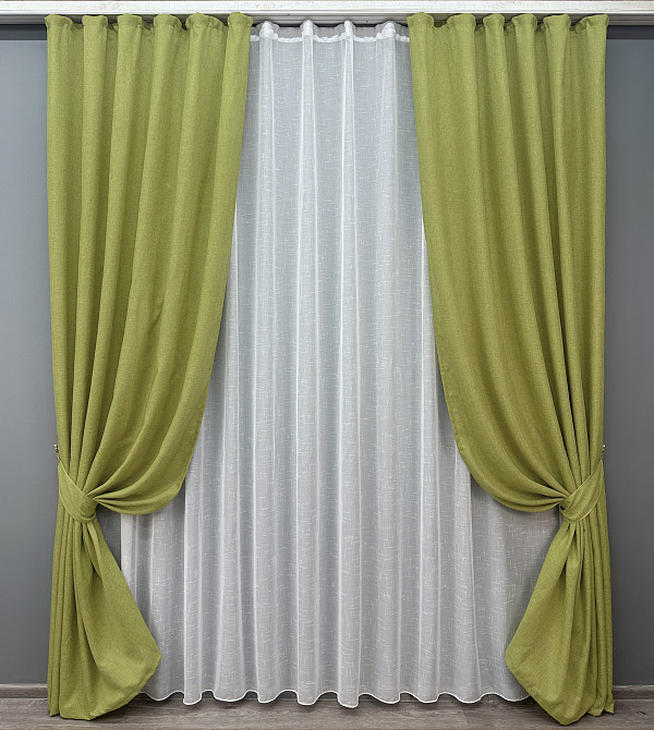 Комплект штор VR-Textil Лен Мешковина 150х270 2шт и Тюль 500х270 106ш-115т Оливковый с белым 71-025/4 Киев - изображение 1