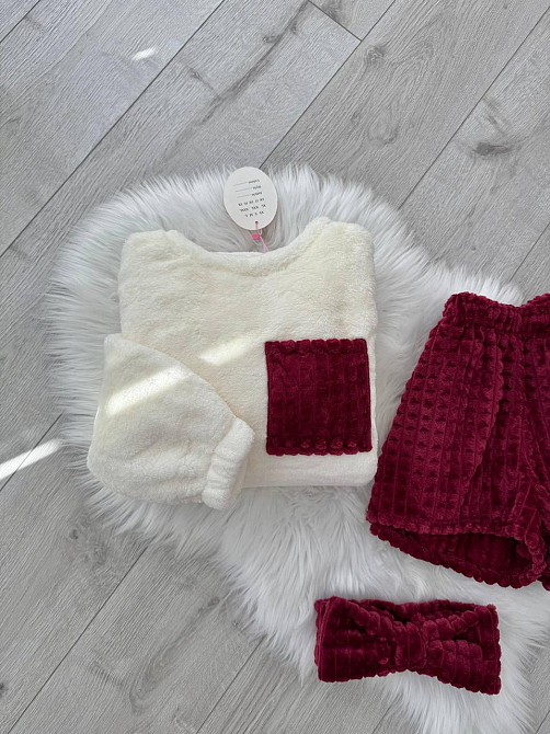 Женская уютная теплая пижама: кофта и шорты + повязка на голову из турецкой махры Бордо, 46/48 Одесса - изображение 3