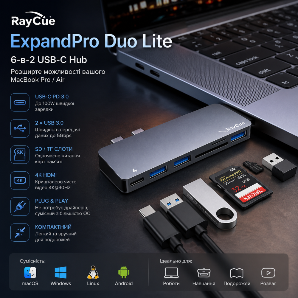 Концентратор RayCue ExpandPro Duo Lite 6-в-2 USB-C Hub Док-станция для MacBook Pro / Air Серый космос Киев - изображение 1