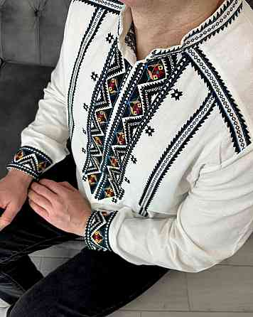 Мужская традиционная вышиванка в геометрическом стиле домотканый лен 52 Одесса