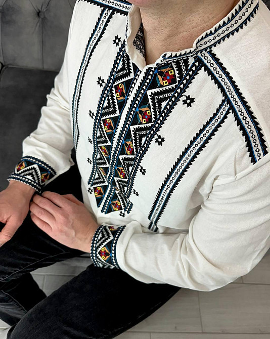 Мужская традиционная вышиванка в геометрическом стиле домотканый лен 52 Одесса - изображение 2