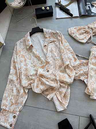 Жіночий літній принтований костюм четверка: хустка, кроп-топ, сорочка та шорти штапель/софт Беж Одеса