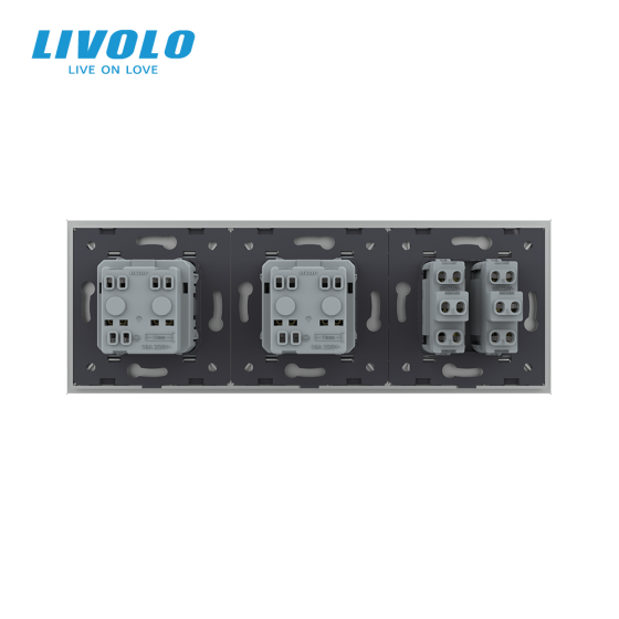 LIVOLO Двоклавішний вимикач з подвійною розеткою Livolo сірий скло (VL-C7C2EUK2-15) Коломыя