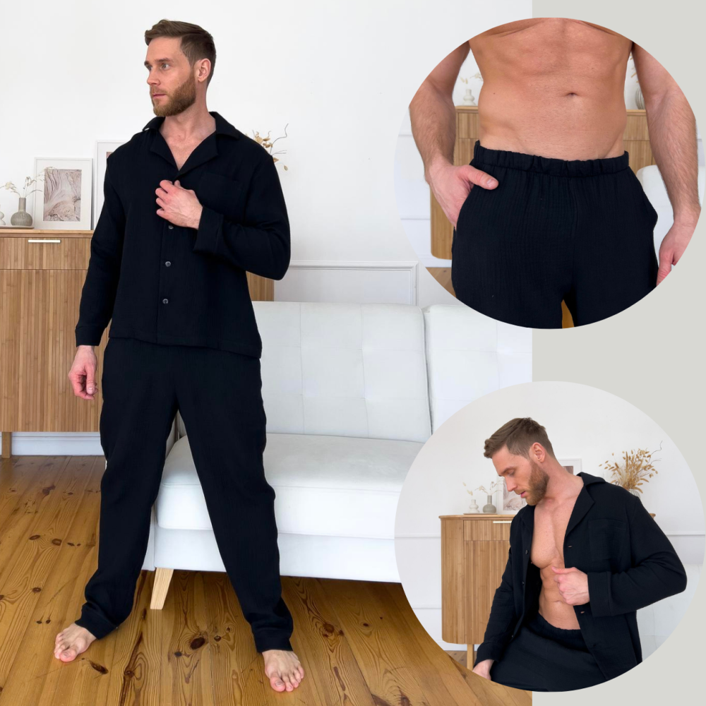 Мужская пижама муслиновая рубашка и штаны хлопок 100% COSY Estet Черная Одесса - изображение 1