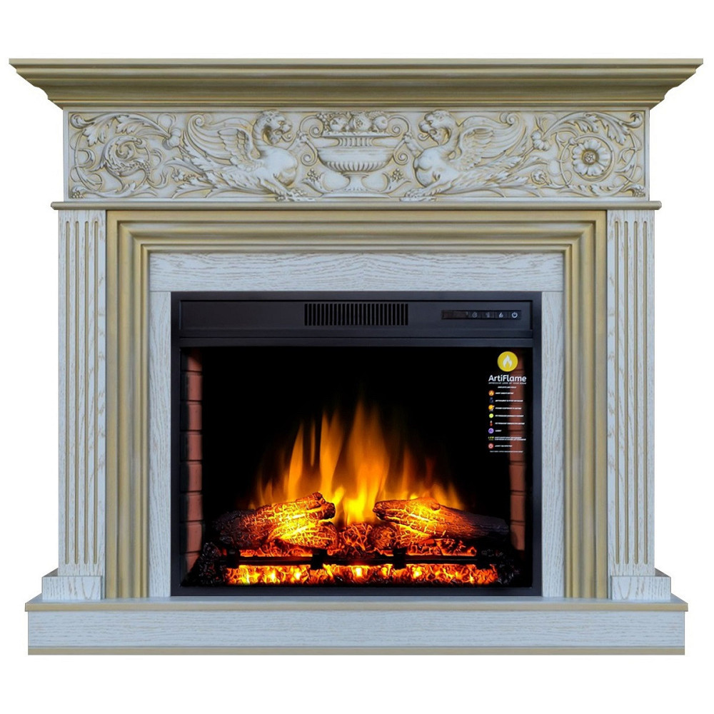 Каминокомплект ArtiFlame RESIDENCE AF28S БЕЛЫЙ ДУБ БЬЯНКО, ПАТИНА ЗОЛОТО (со звуком) Львов - изображение 1