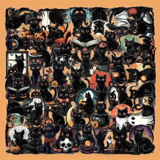 Набор наклеек «Черные кошки на Хэллоуин» – 50 шт. водостойких стикеров с тыквами, летучими мышами и привидениями Киев