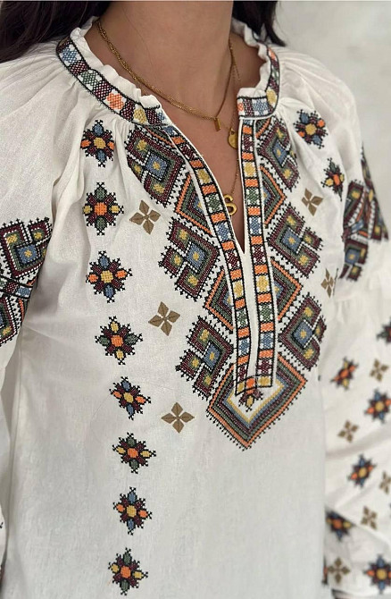 Женская современная вышиванка с объемным рукавом домотканый лен Белый, 50 Одесса - изображение 7