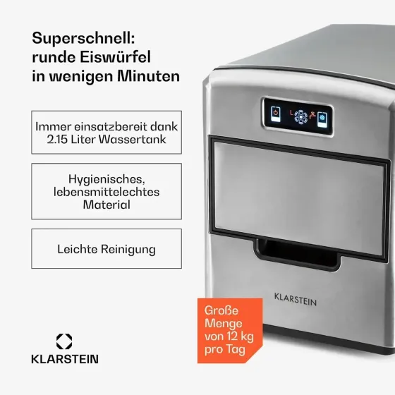 Компрессорный ледогенератор Klarstein Metropolitan 10031881, 12 кг/сутки, 2,15 л, 3 размера льда, дисплей, 36 куб./ч, 150 Вт Киев