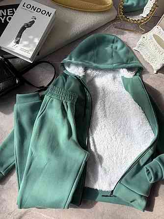 Жіночий теплий повсякденний костюм: худі + штани, тринитка на флісі + хутро Оливка, 46/48 Одеса