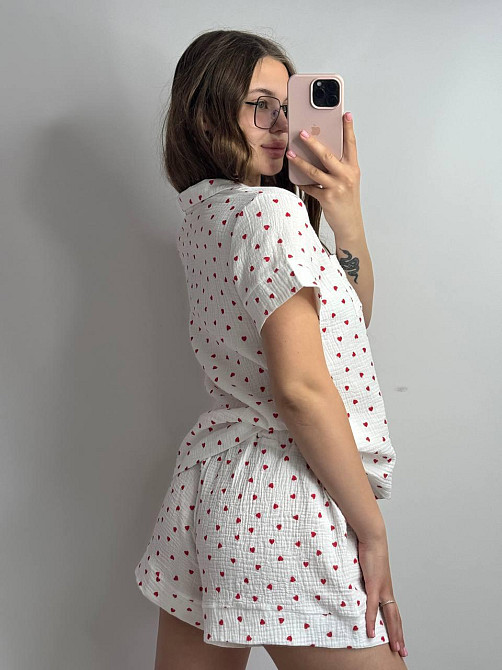 Пижама женская шорты и рубашка муслиновая Белый cердечки XL Харьков - изображение 2