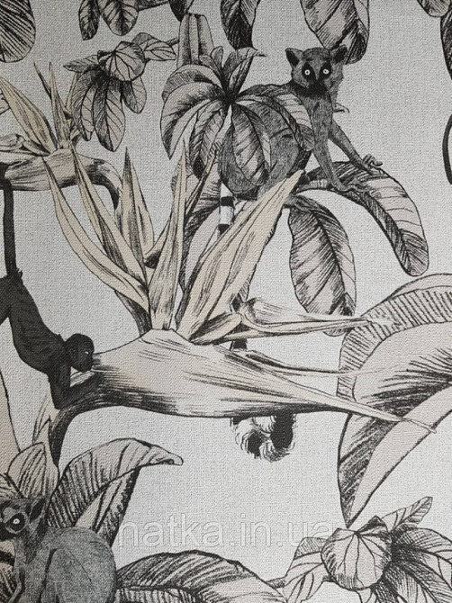 Шпалери вінілові на флізелін гарячого тиснення Marburg Natural vibes метрові листя лемури мавпи на білому Київ - фото 1