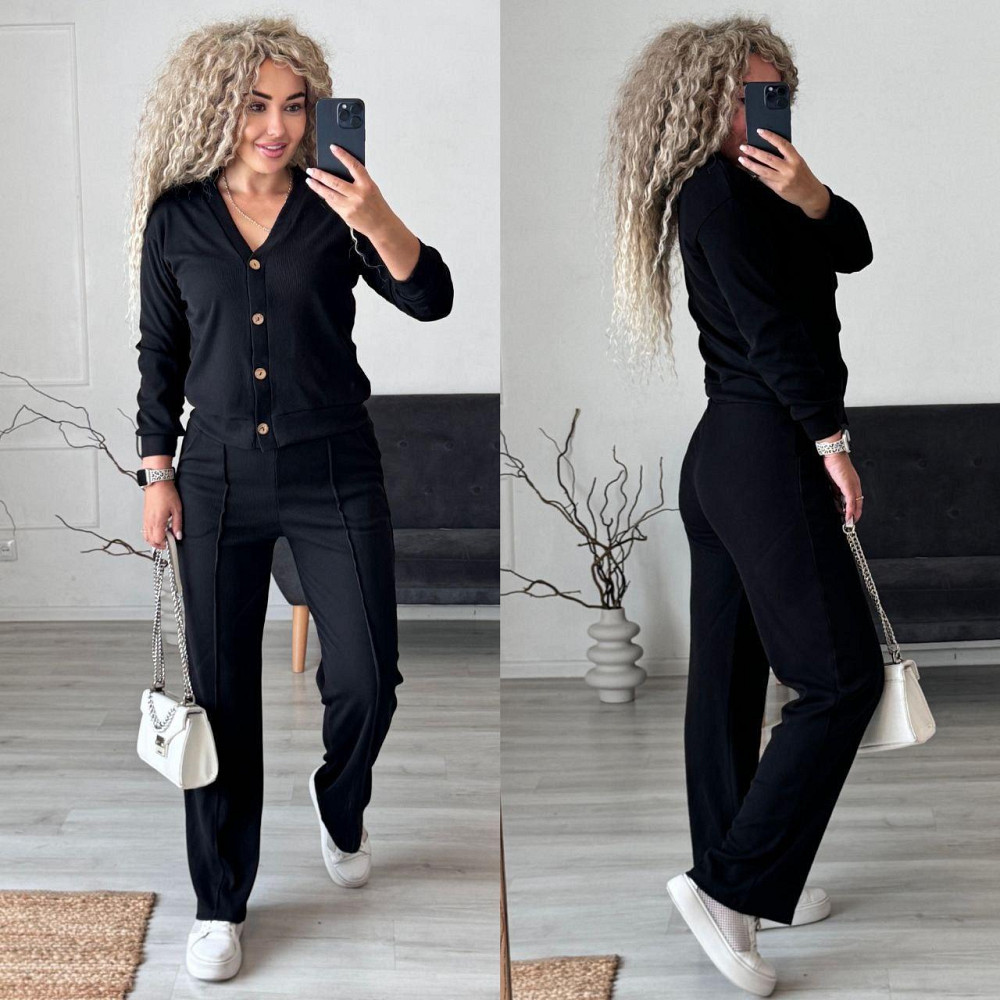 Жіночий стильний повсякденний костюм-двійка: кардиган на ґудзиках + штани трикотажний рубчик Чорний, 52/54 Одеса - фото 7