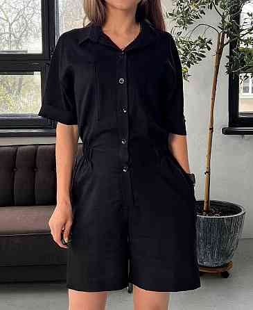 Легкий жіночий базовий комбінезон льон Чорний, 48 Одеса