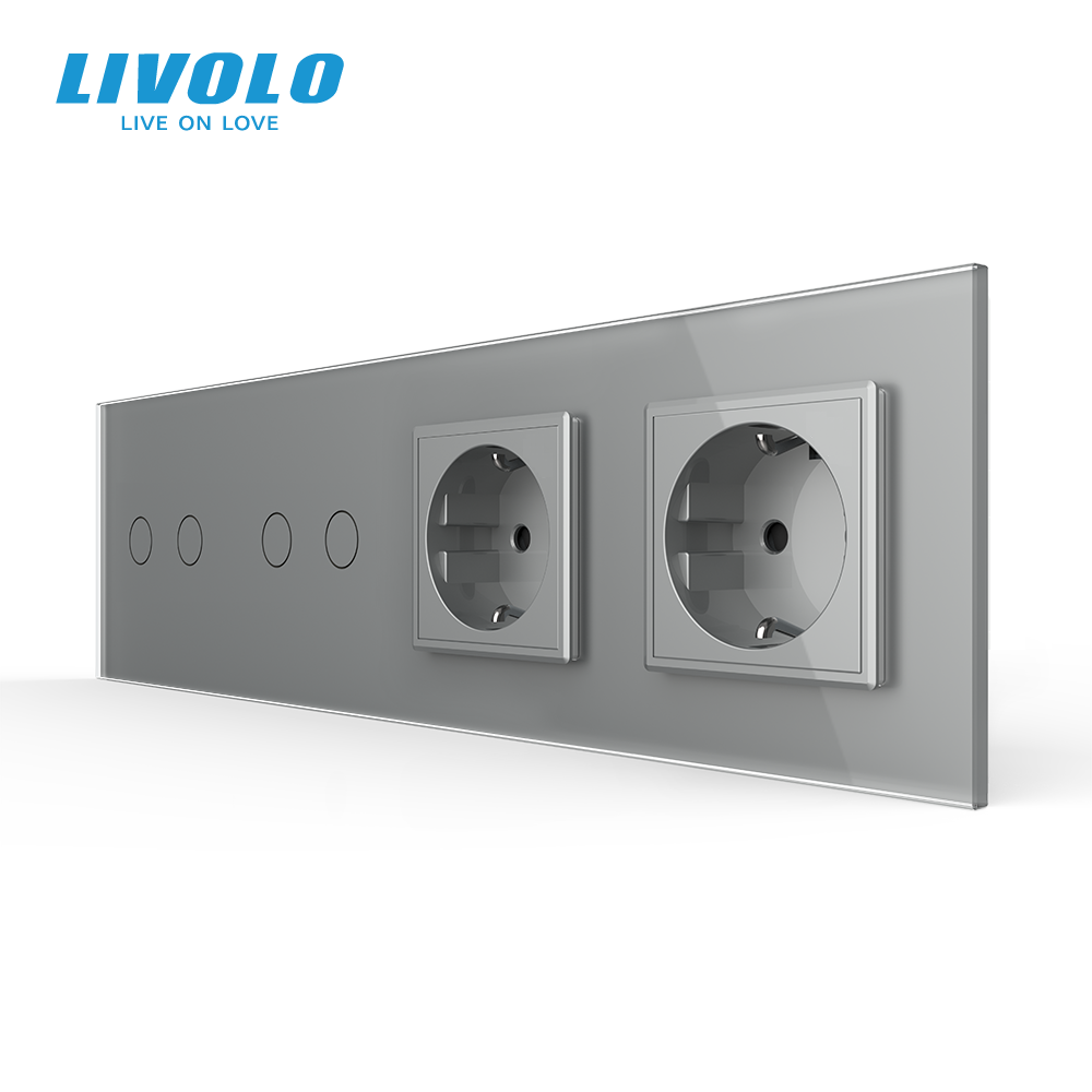 LIVOLO Сенсорний вимикач 4 сенсора (2-2) 2 розетки Livolo сірий скло (VL-C702/C702/C7C2EU-15) Коломия - фото 1