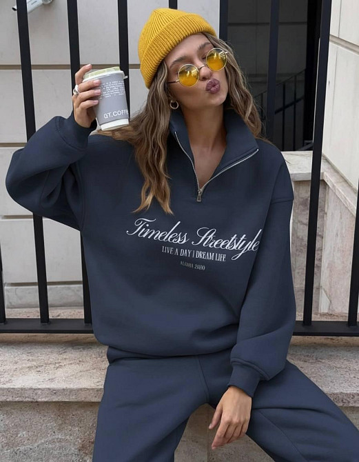 Женский теплый трендовый костюм двойка тринитка на флисе Темно-синий Одесса - изображение 2