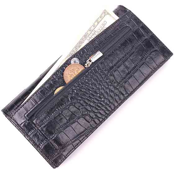 Стильный вертикальный бумажник из натуральной фактурной кожи Черный (KARYA) Киев