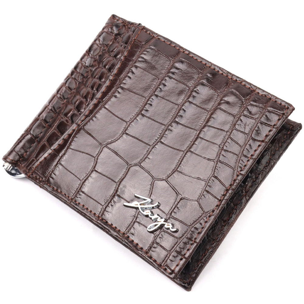 Превосходный мужской зажим из натуральной кожи с тиснением под крокодила KARYA 21119 Коричневый Киев - изображение 1