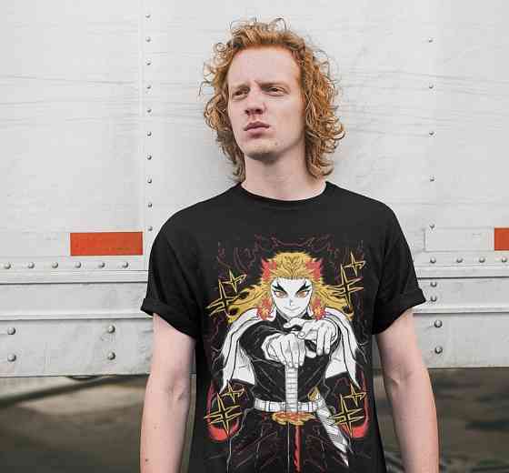 Футболка для хлопчика з аніме принтом Кйоджуро Ренгоку Слайер Демон оверсайз (зріст від 165 до 180) Чорний AnimeJ0817m Дніпро