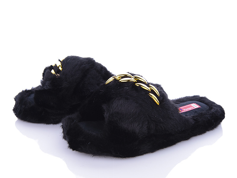 Жіночі капці домашні хутряні ланцюги золото Чорні Одеса - фото 6