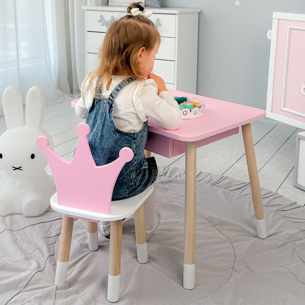 Стіл прямокутний з ящиком 46х60х45 і стілець корона 26х26х24, столик та стільчик в дитячу, рожевий з білим Кам'янське - фото 17