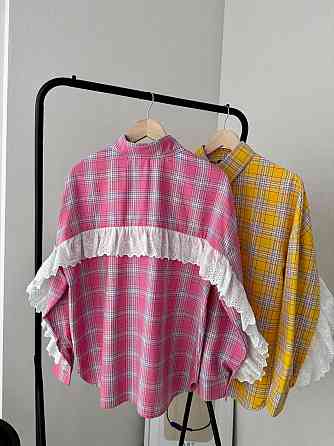 Женская стильная оверсайз рубашка в клетку с акцентными рукавами Розовый Одесса