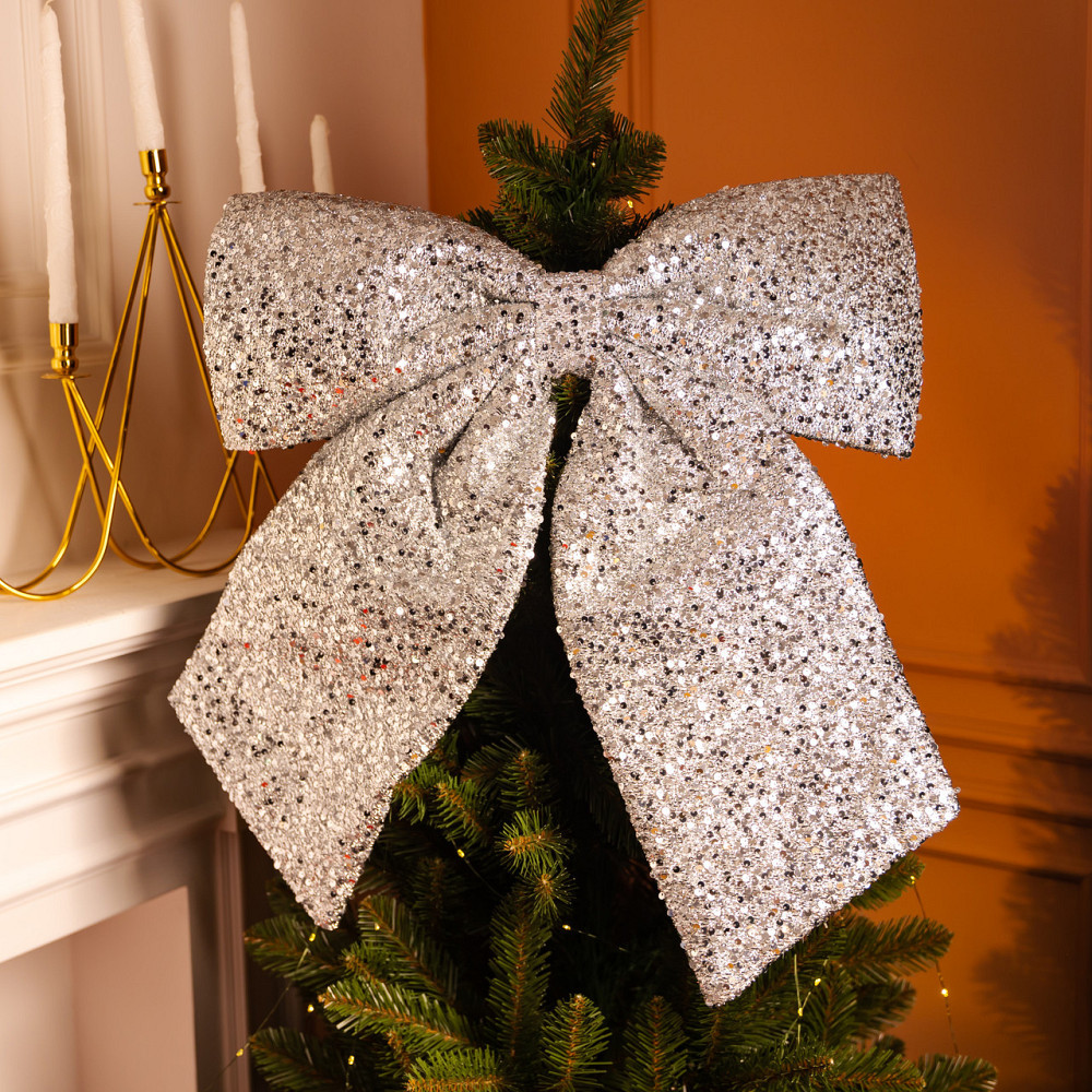 Бант новорічний для декору з паєтками на ялинку 55×70 (см) Сріблястий CR-2-25 Київ - фото 2