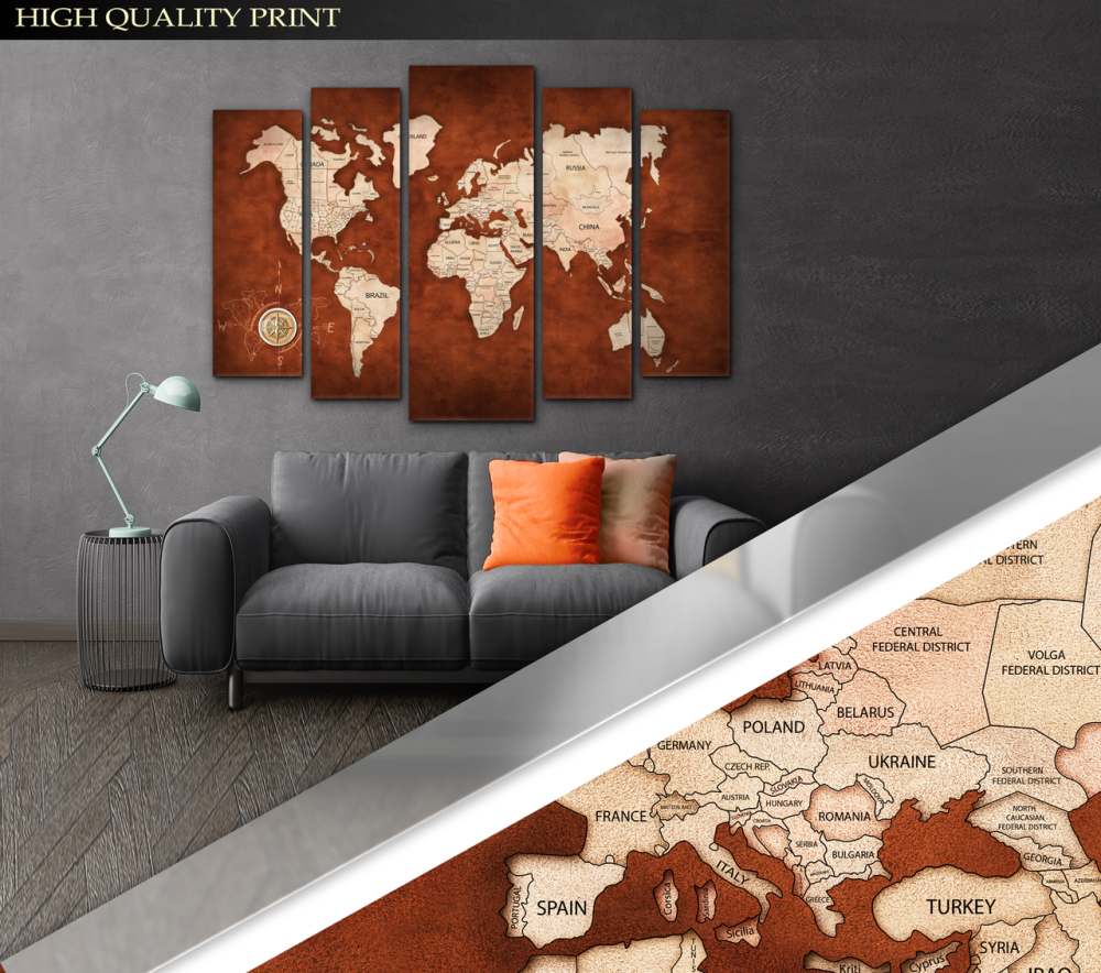 Модульная картина в гостиную / спальню Карта мира  коричневая Art-469_5 ( 80х118см ) Киев - изображение 3