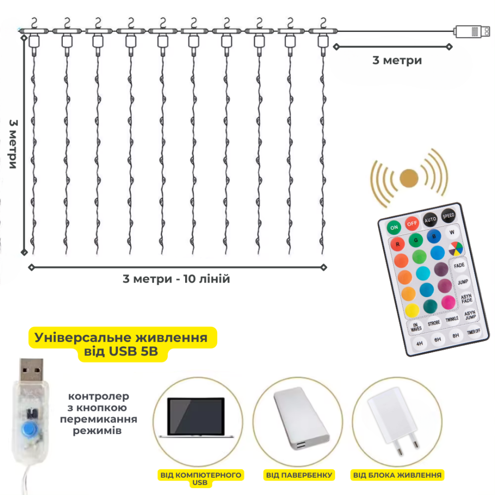 Гирлянда штора роса 3х3 RGB Niki Light роса от юсб роса на пульте занавес 300 лед разноцветная 16 цветов Киев - изображение 7