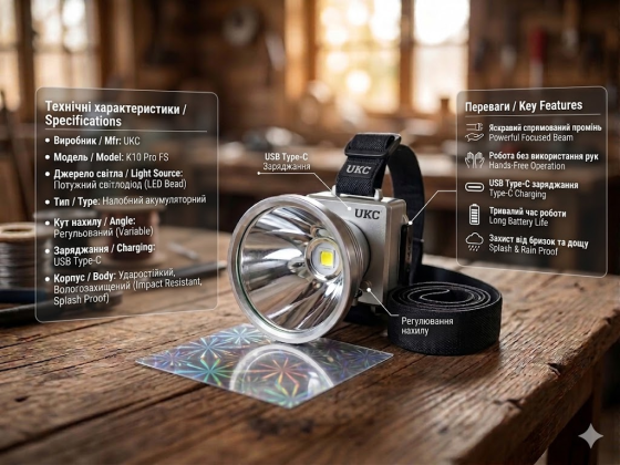 Налобний ліхтар UKC K10 Pro FS LED акумуляторний Type-C, потужний, для роботи та туризму Одеса